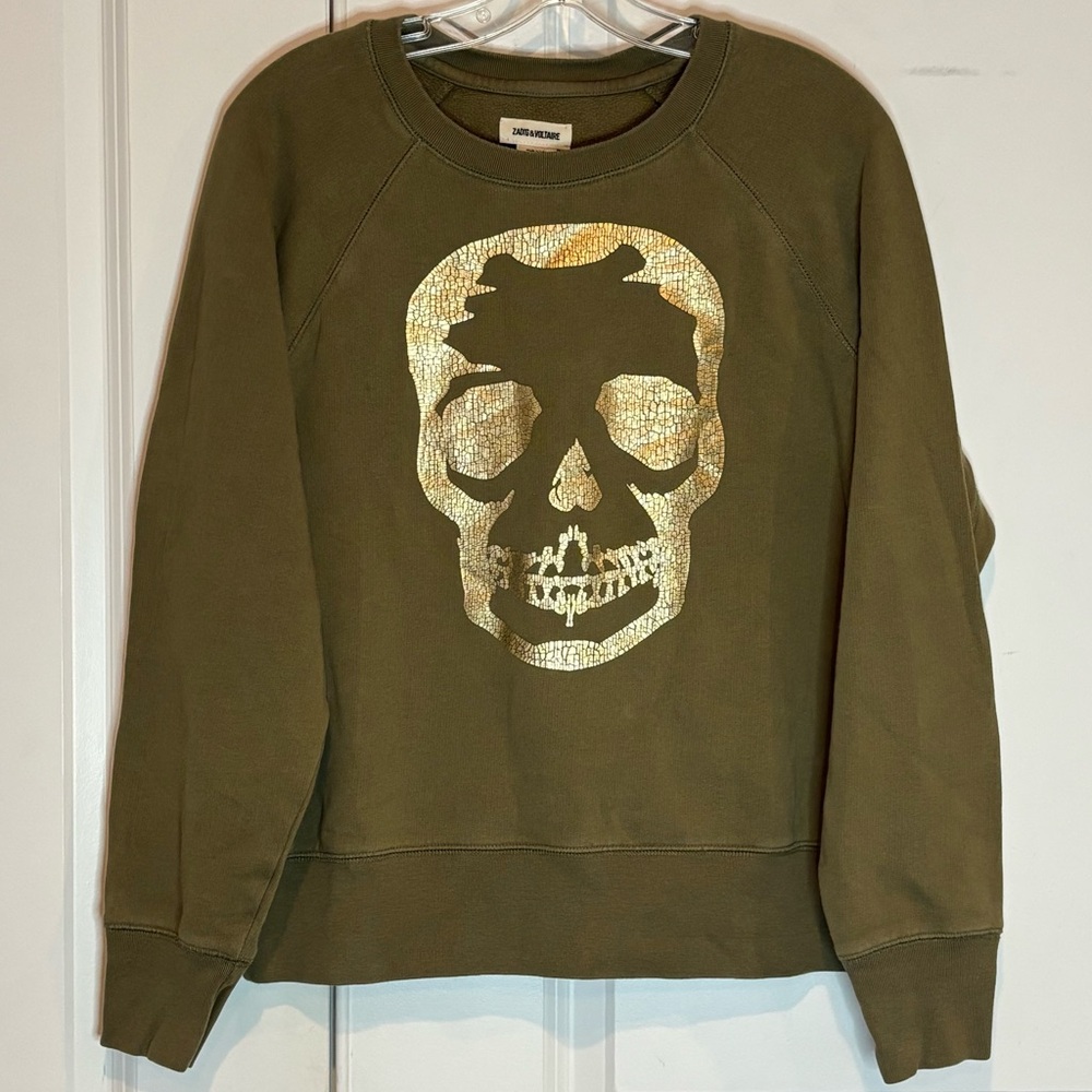 Zadig & Voltaire Olive Green Upper Skull Gold Cotton Crew Sweatshirt XS